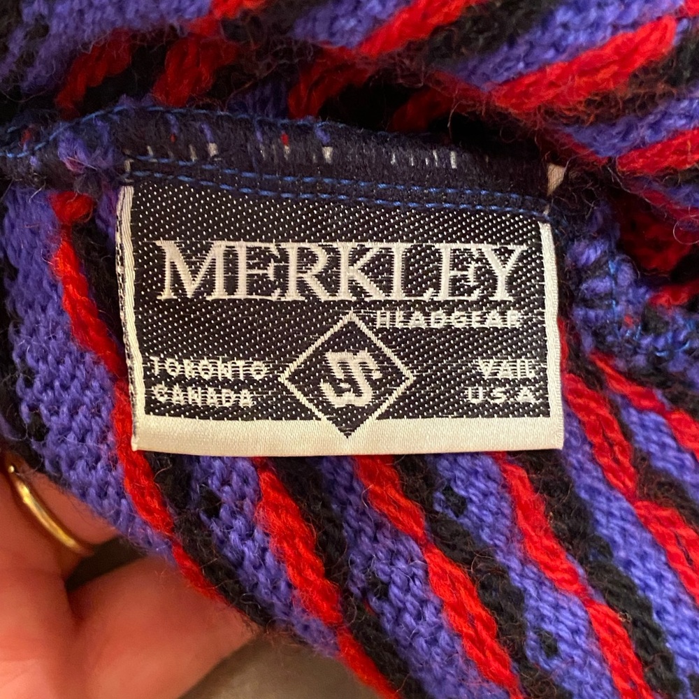 Vtg Merkley Wool Hat Knit Blue Red Beanie Cap Ear Flaps Tassels Canada - Picture 4 of 5